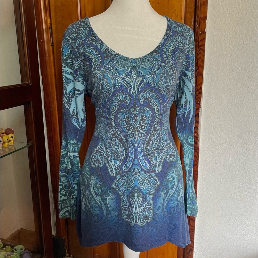 Bedazzled Rhinestone Blue Paisley Long Sleeve Top Size M